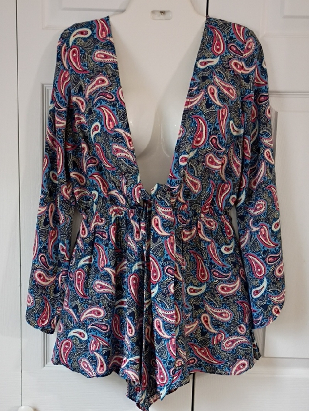 JODIFL Navy Paisley Romper Shorts with Red and White Accents